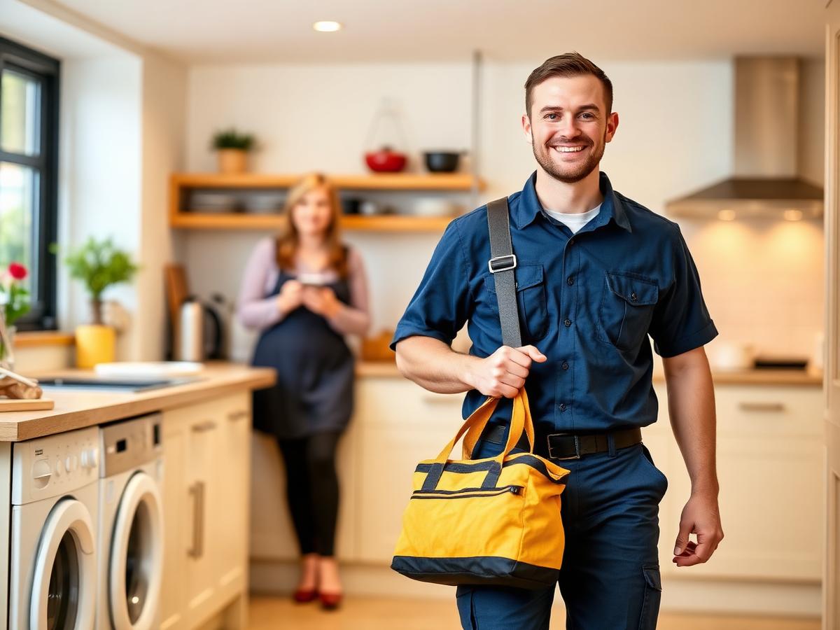 BritServe engineer arriving at a customer's kitchen with a tool bag