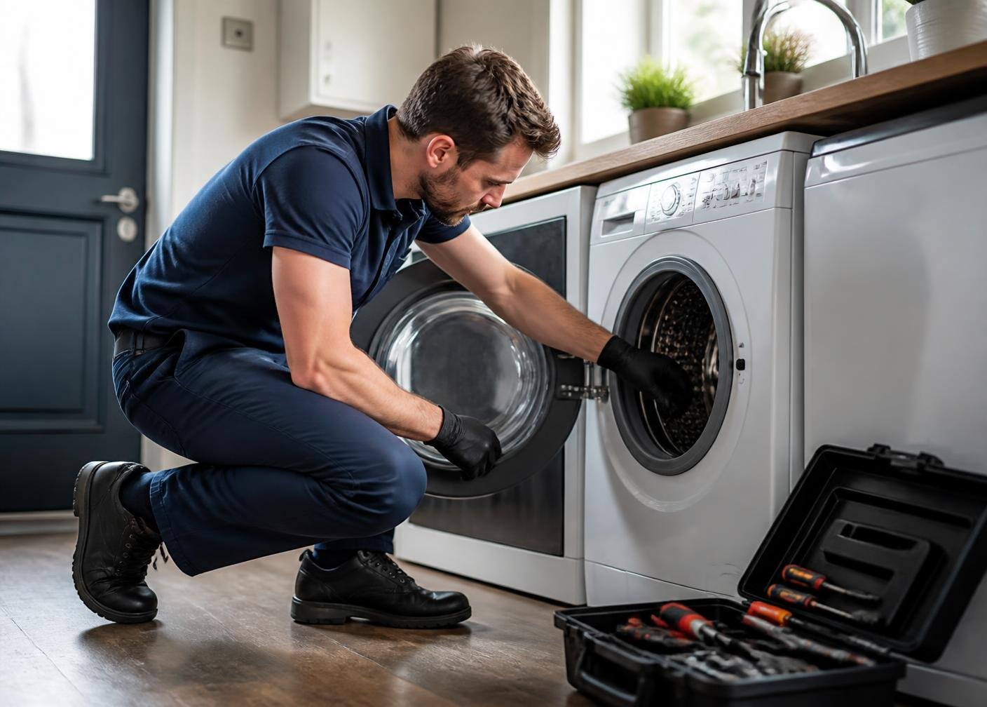 BritServe engineer servicing a washing machine in a home utility room