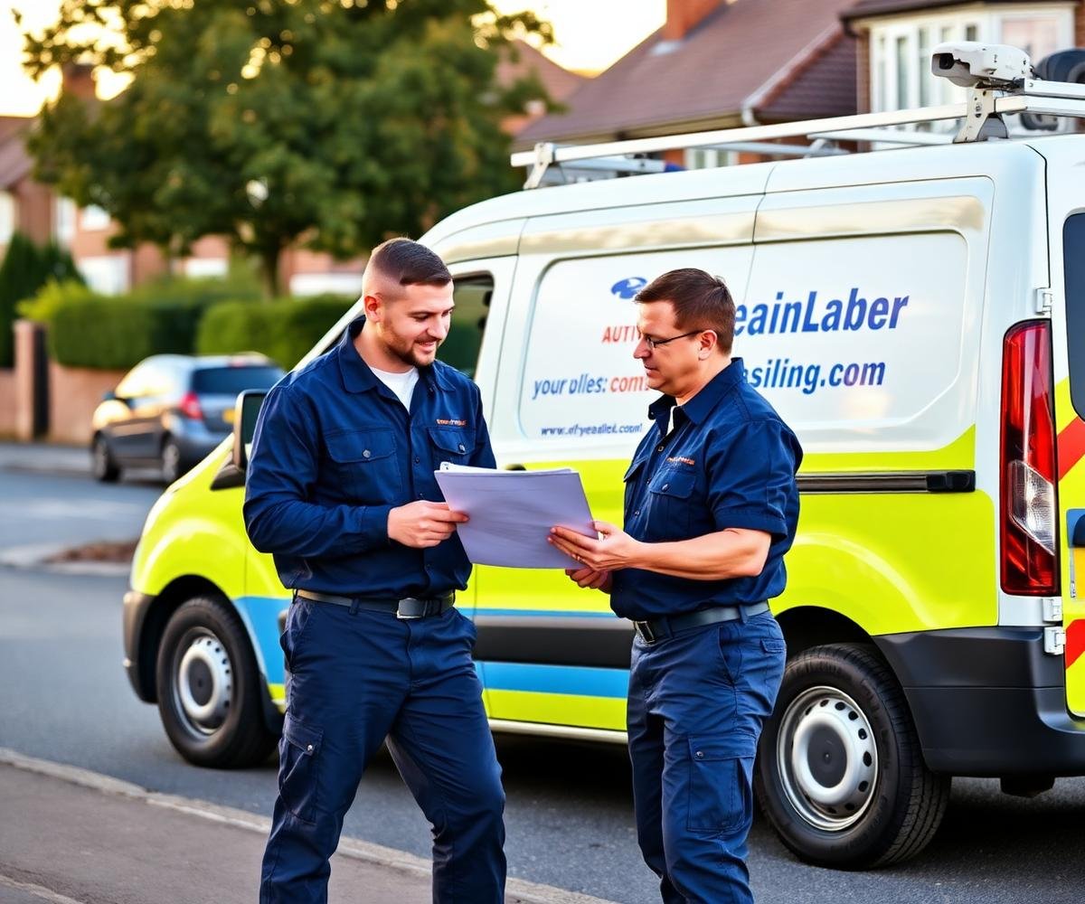 BritServe engineers reviewing a job sheet beside a service van